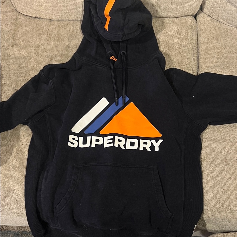Superdry Men's Black Hoodie with Orange and Blue Accents